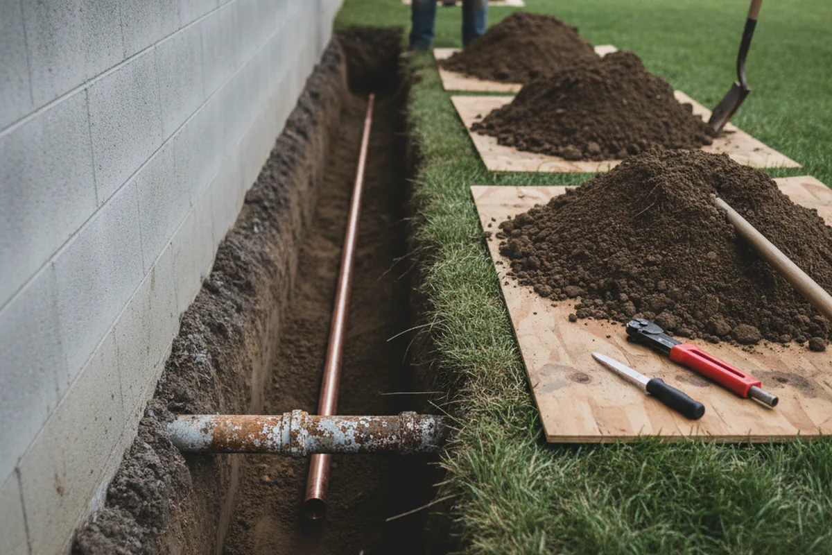 Excavated water line trench during Water Heater Repair in West Pittsburg